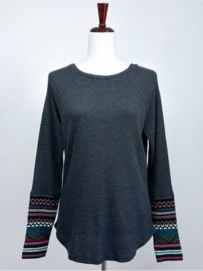 BeachLunchLounge Grey Waffle Knit Thermal Long Sleeve Fair Isle Cuffs Top NWT
